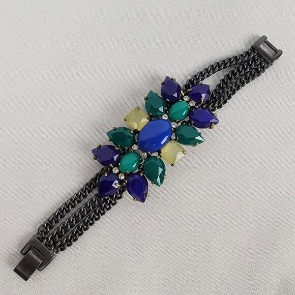 Stella And Dot Blue & Green Rhinestone Hematite Black Chain Link Bracelet - Picture 2 of 6